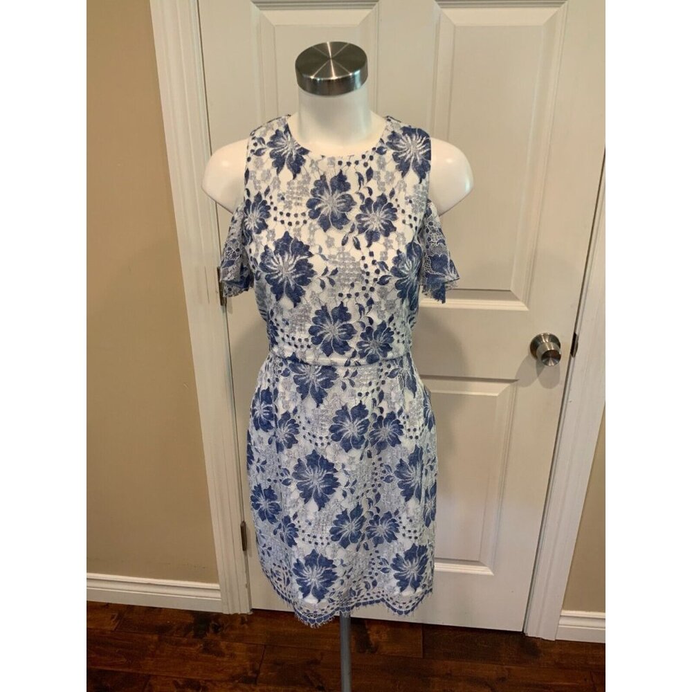 French Connection Blue & White Floral Lace Cold Shoulder Dress, Sz 0 (US) 4 (UK)